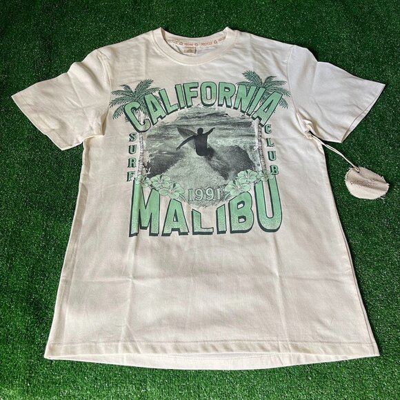 Recycled Threads Malibu California 1991 Surf Club Beige SS T-Shirt Size S NEW - Picture 1 of 15